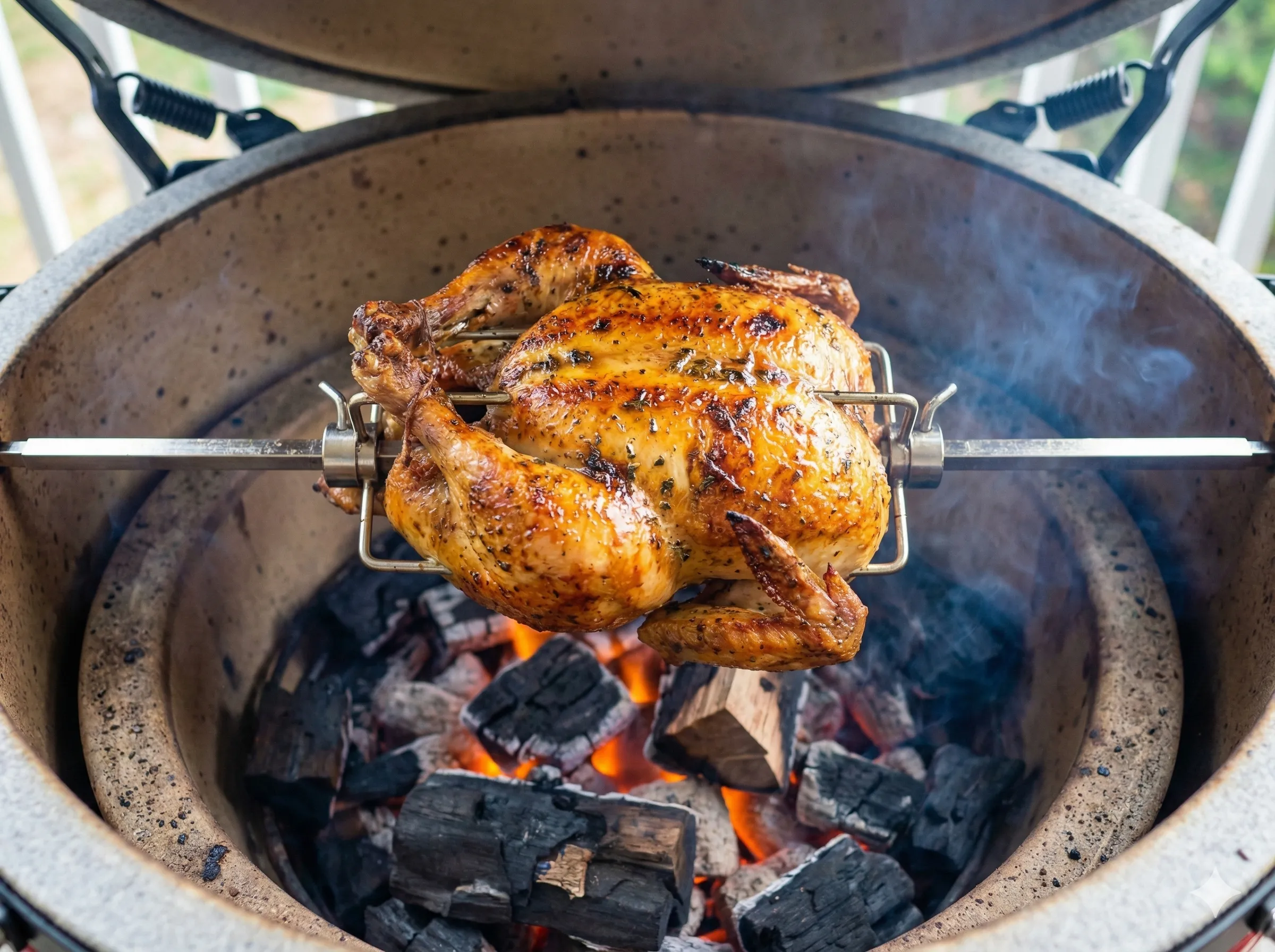 Hel kyckling på rotisserie i kamado med smör